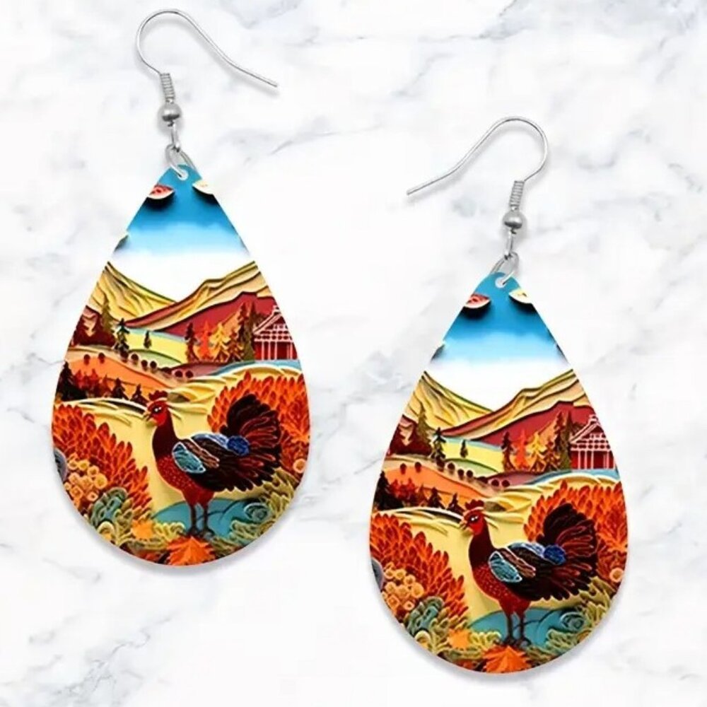 NEW Farm Turkey Autumn Fall Rolling Hills Wood Wooden Teardrop Earrings